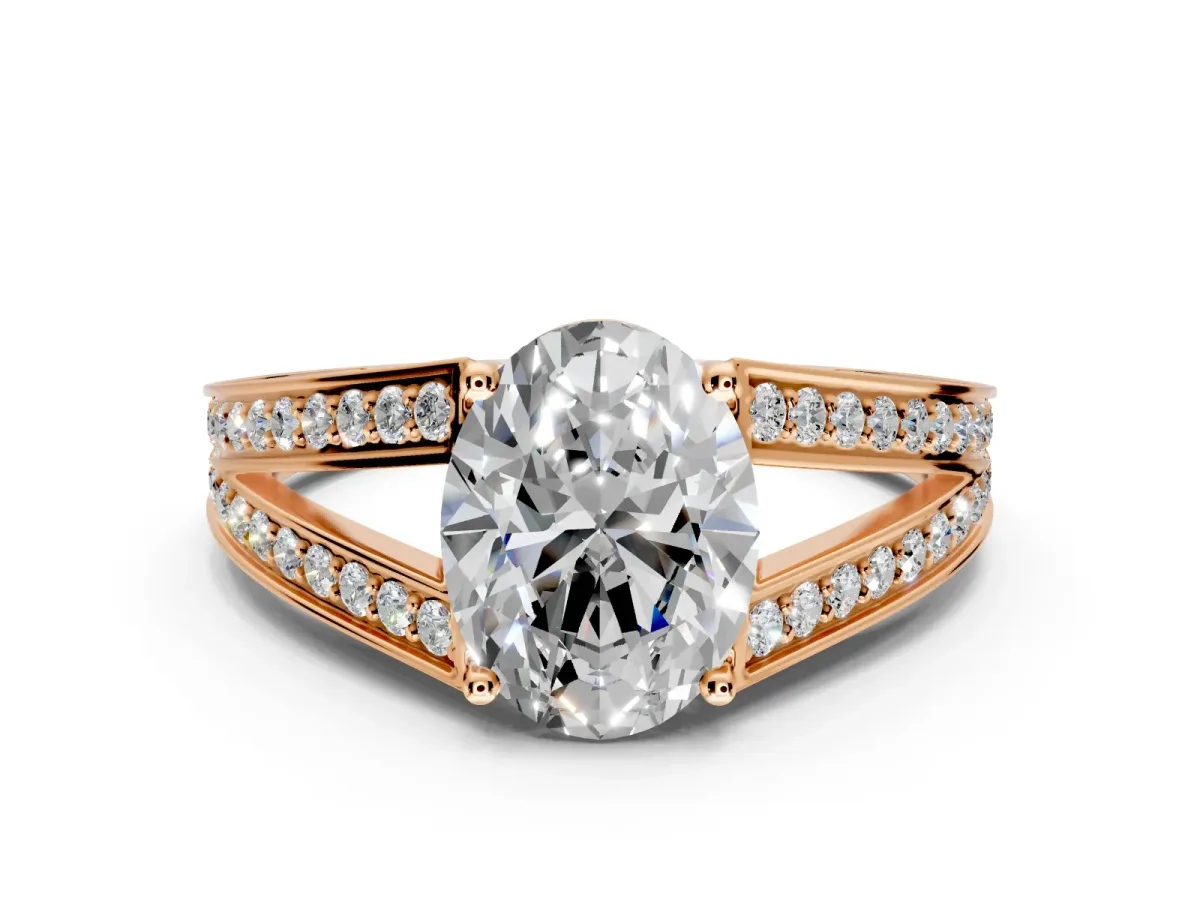 Split Shank Engagement Ring Setting for Oval Center with Pave Split Shank and Prong Head in Rose Gold