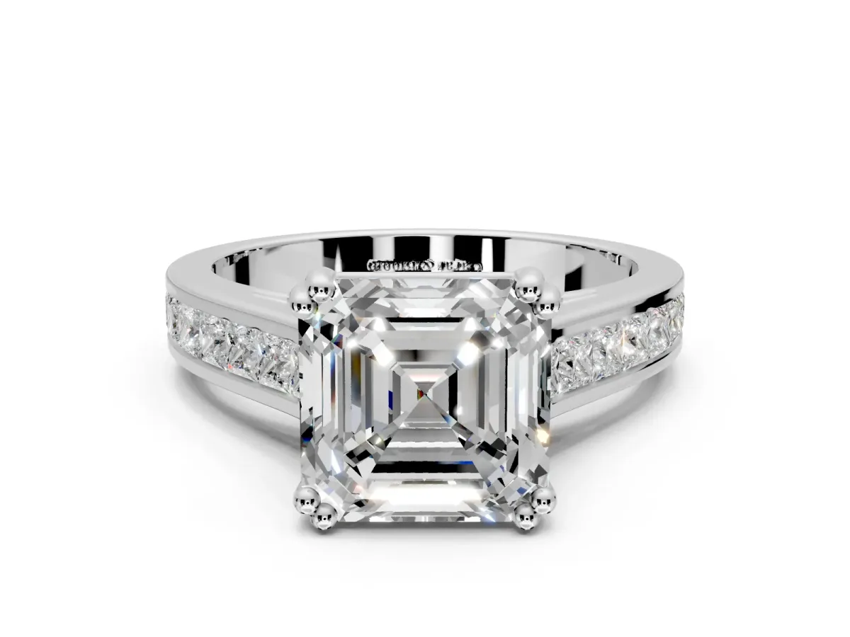 Solitaire Engagement Ring Setting for Asscher Cut Center with Channel Band and Double Claw Prong Head in Sterling Silver