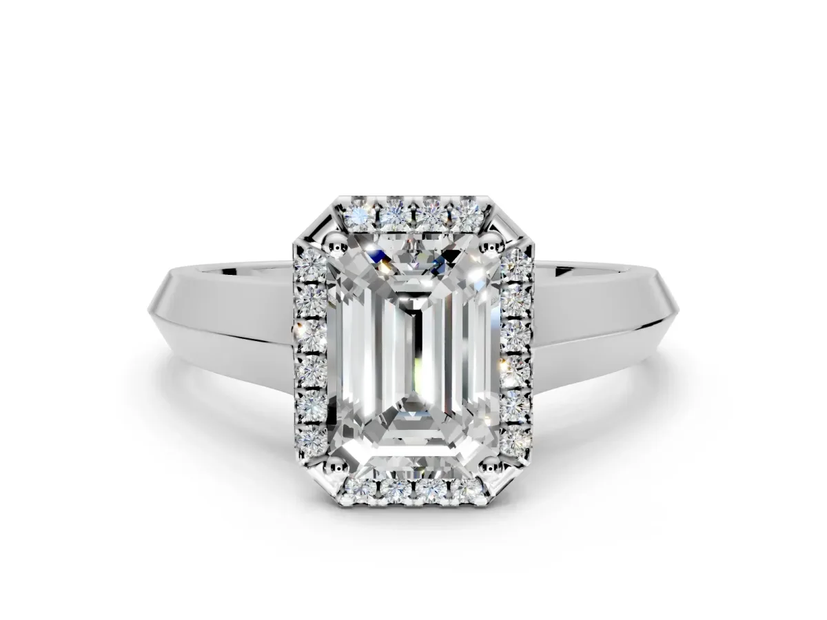Halo Engagement Ring Setting for Emerald Cut Center with Knife Ridge Cathedral Band and Prong Head in Platinum