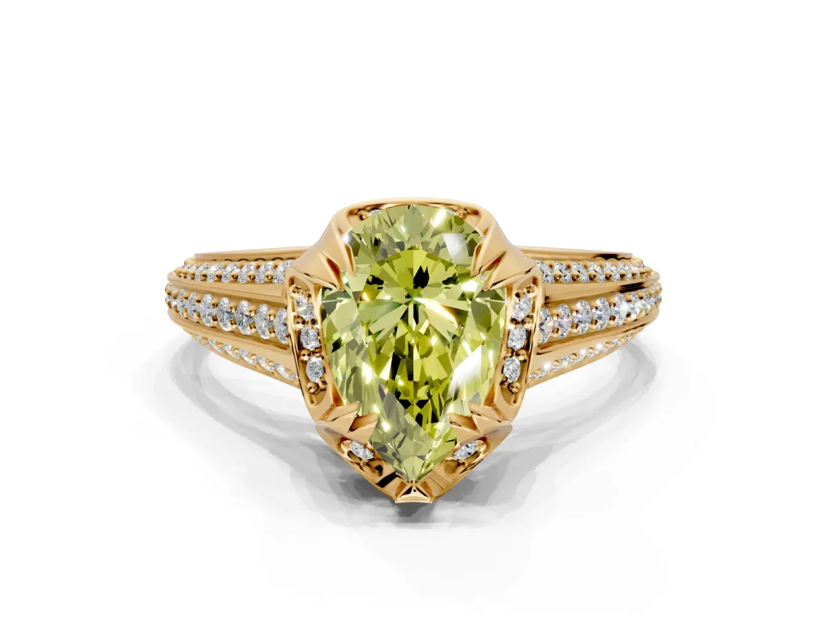 Solitaire Engagement Ring Setting for Fancy Yellow Pear-Shaped Center with Accented Split Shank and Prong Head in Yellow Gold