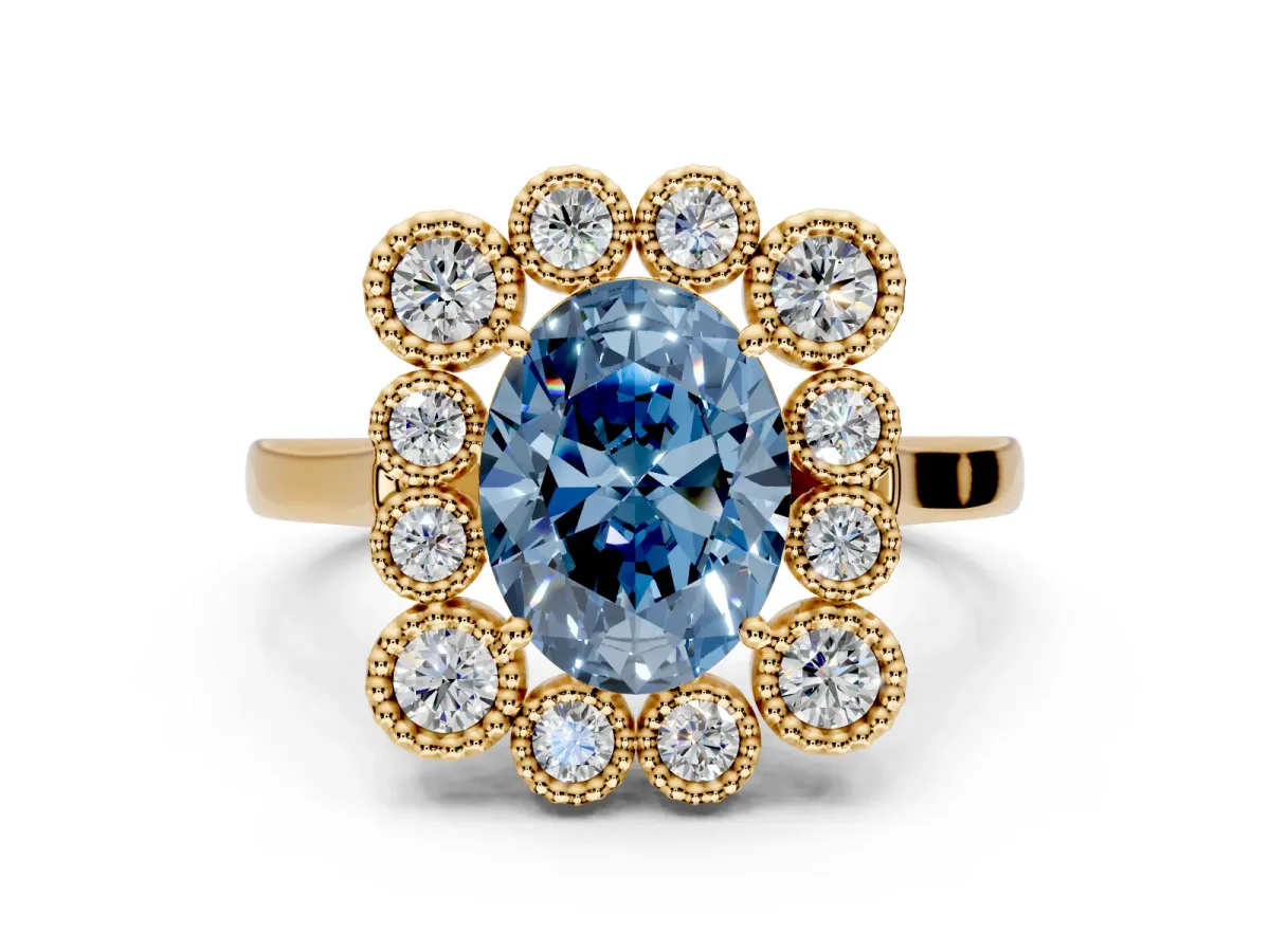 Cluster Halo Engagement Ring Setting for Fancy Blue Oval Center with Milgrain Bezel Accents and Prong Head in Yellow Gold