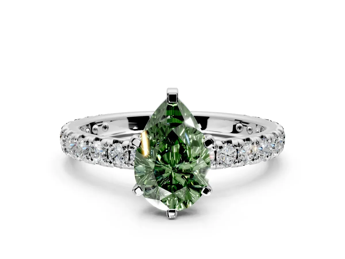Solitaire Engagement Ring Setting for Fancy Green Pear-Shaped Center with Shared-Prong Accents and Prong Head in Platinum