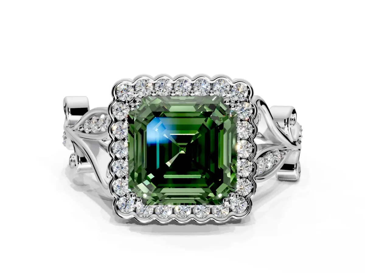 Halo Engagement Ring Setting for Fancy Green Asscher Cut Center with Leaf Motif Split Shank and Prong Head in White Gold