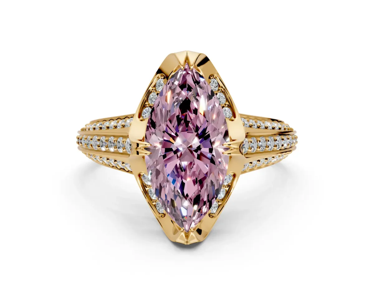 Solitaire Engagement Ring Setting for Fancy Pink Marquise Center with Accented Split Shank and Prong Head in Yellow Gold