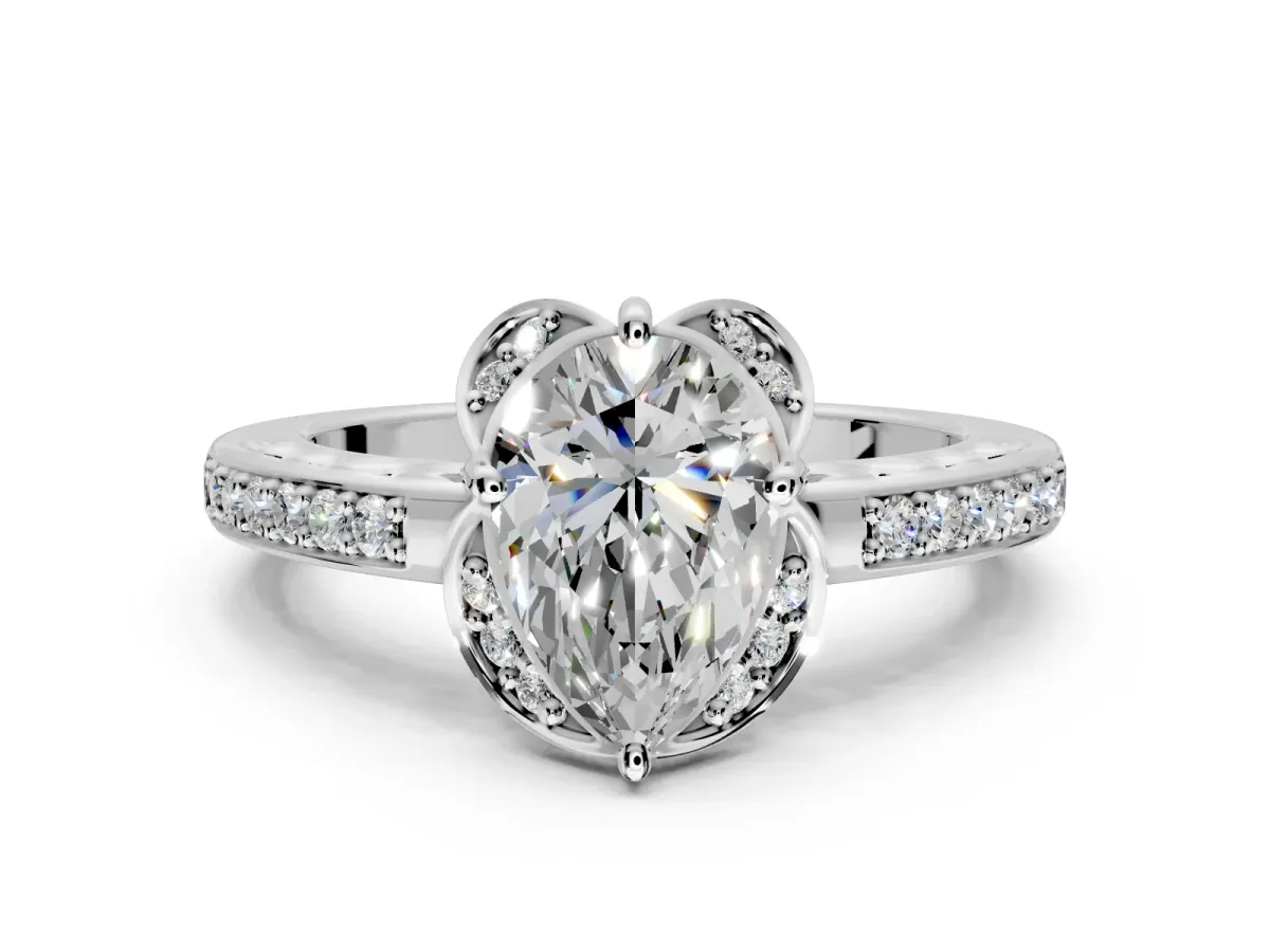 Floral Engagement Ring Setting for Pear-Shaped Center with Four Accent Clusters and Prong Head in Platinum