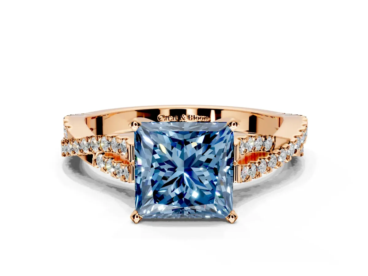 Solitaire Engagement Ring Setting for Fancy Blue Princess Cut Center with Twisted Pave Split Shank and Prong Head in Rose Gold