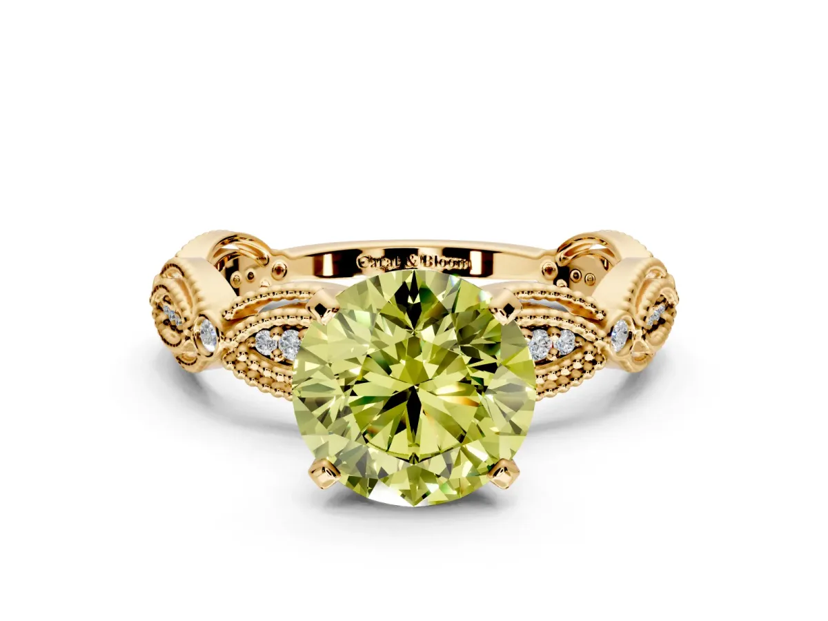 Solitaire Engagement Ring Setting for Fancy Yellow Round Cut Center with Marquise Panel Band and Prong Head in Yellow Gold