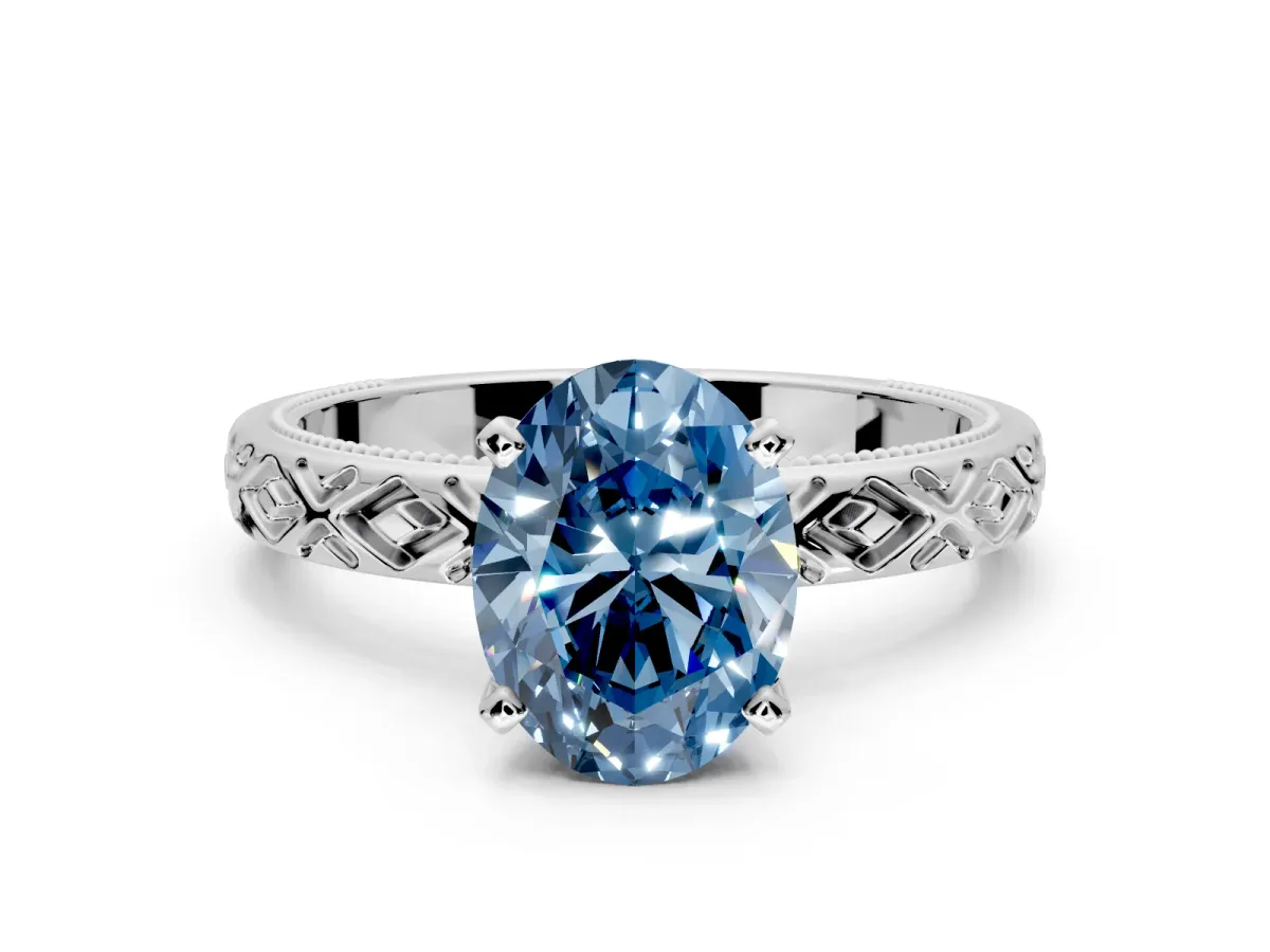Solitaire Engagement Ring Setting for Fancy Blue Oval Center with Milgrain X Pattern Band and Prong Head in Sterling Silver