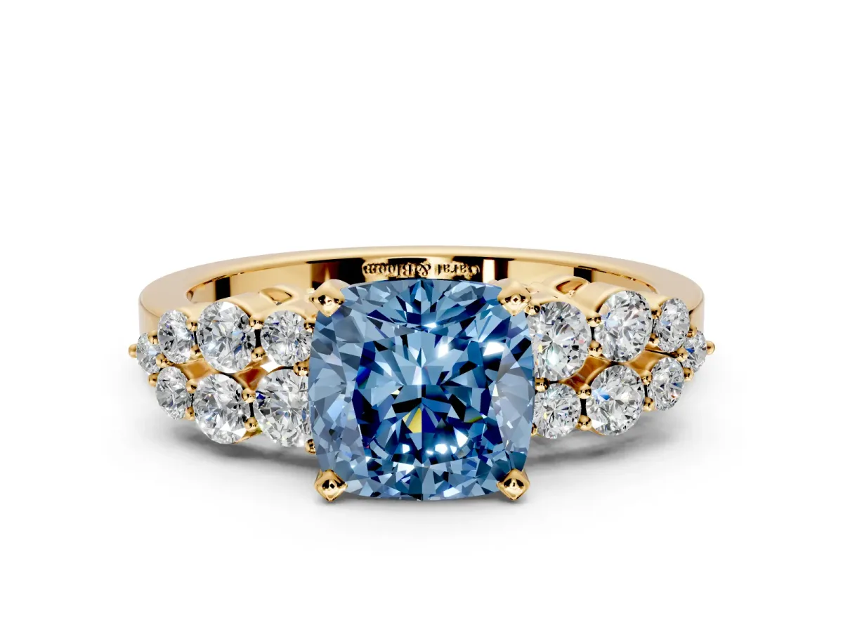 Cluster Engagement Ring Setting for Fancy Blue Cushion Cut Center with 2-Row Shoulder Clusters and Prong Head in Yellow Gold