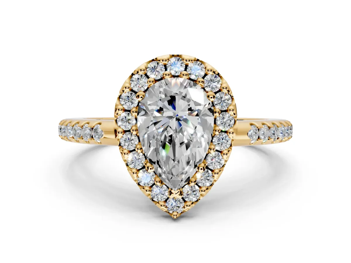 Pave Halo Engagement Ring Setting for Pear-Shaped Center with Single Row Pave Band and Prong Head in Yellow Gold