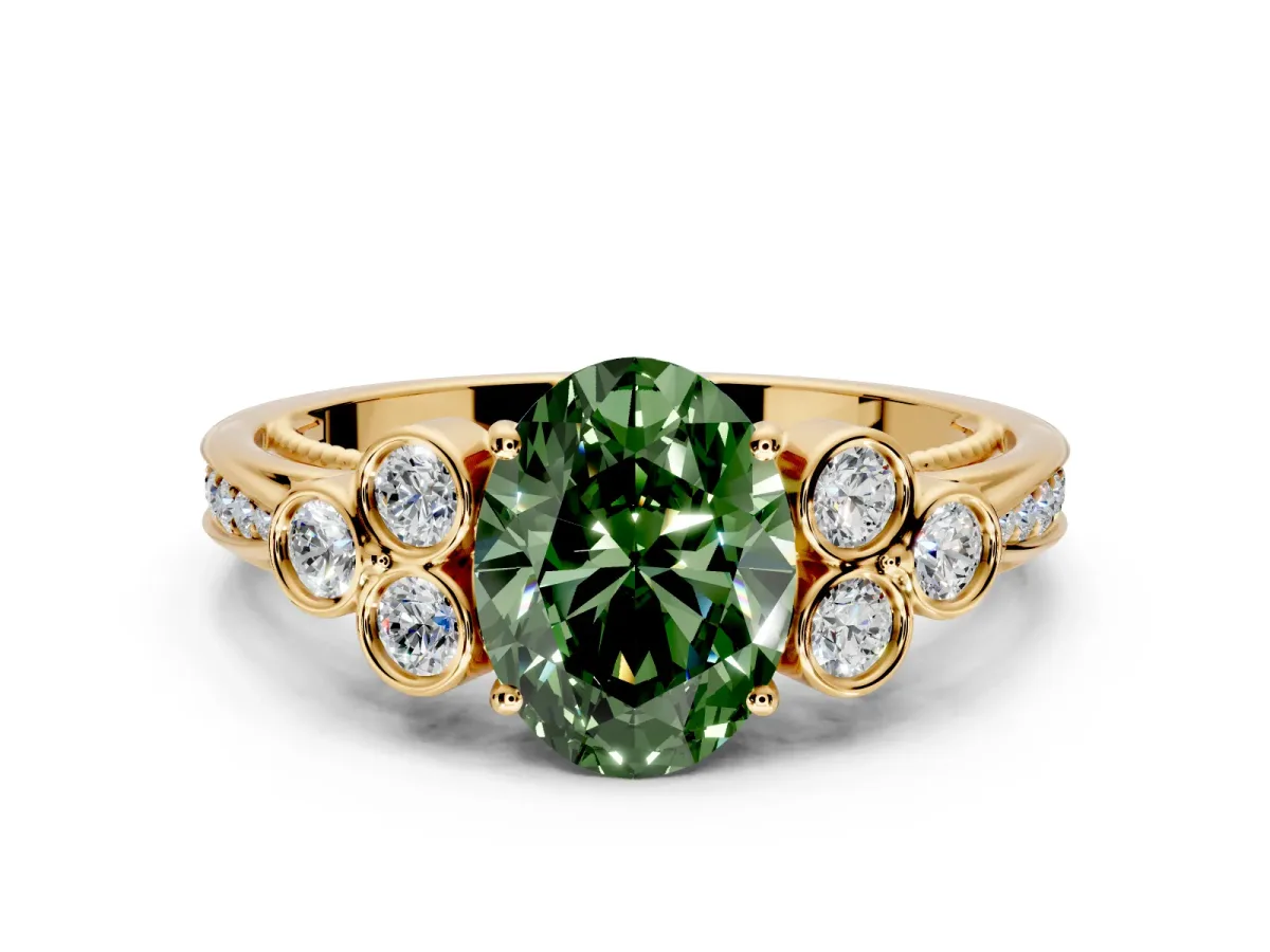 Cluster Engagement Ring Setting for Fancy Green Oval Center with Bezel Accent Clusters and Prong Head in Yellow Gold