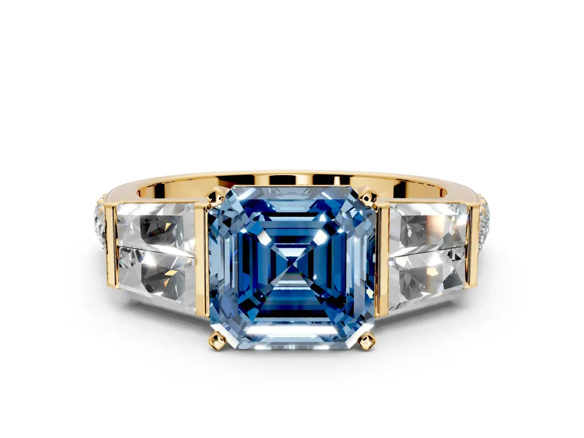Channel-Set Engagement Ring Setting for Fancy Blue Asscher Cut Center with Baguette Band and Prong Head in Yellow Gold