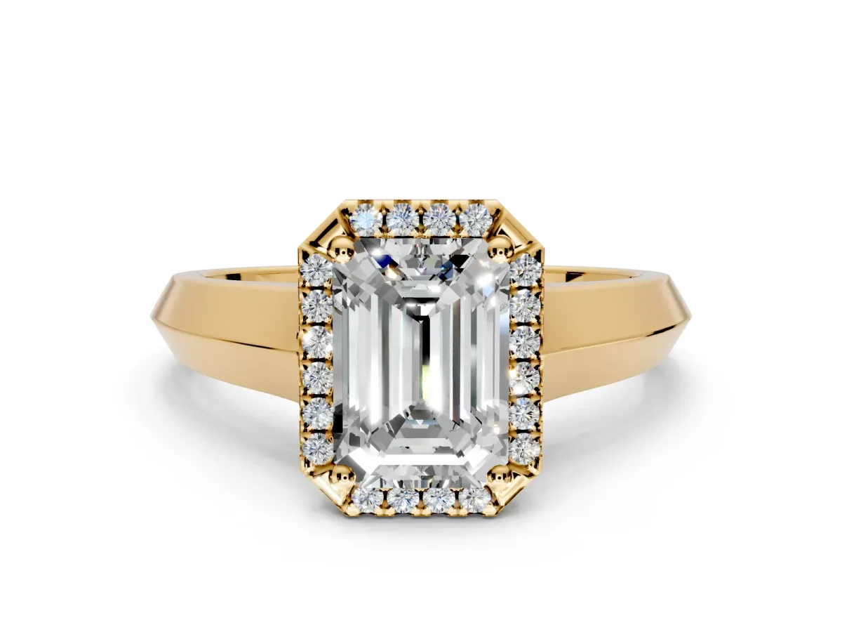 Halo Engagement Ring Setting for Emerald Cut Center with Knife Ridge Cathedral Band and Prong Head in Yellow Gold