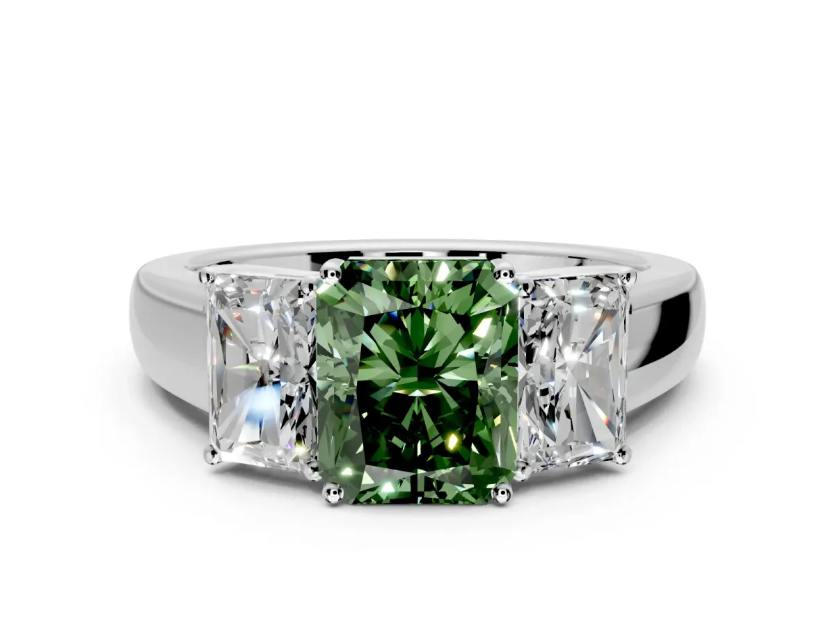 3 Stone Engagement Ring Setting for Fancy Green Radiant Cut Center with Raised Basket Heads and Prong Head in White Gold