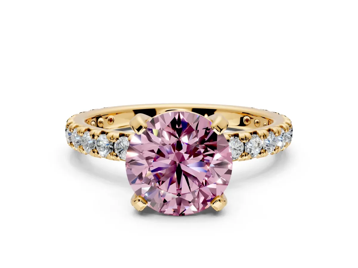 Solitaire Engagement Ring Setting for Fancy Pink Round Cut Center with Shared-Prong Accents and Prong Head in Yellow Gold