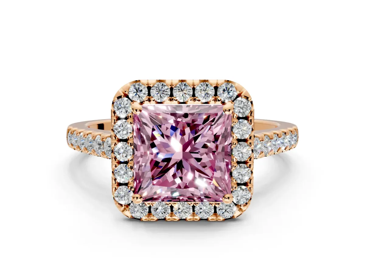 Halo Engagement Ring Setting for Fancy Pink Princess Cut Center with Narrowing Pave Band and Prong Head in Rose Gold