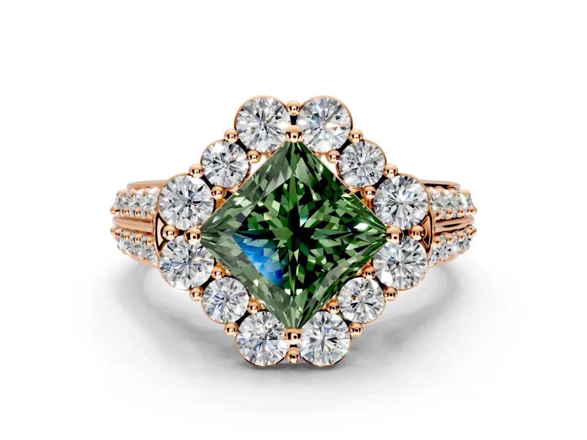 Large Accent Halo Engagement Ring Setting for Fancy Green Princess Cut Center with Pave Split Shank and Prong Head in Rose Gold