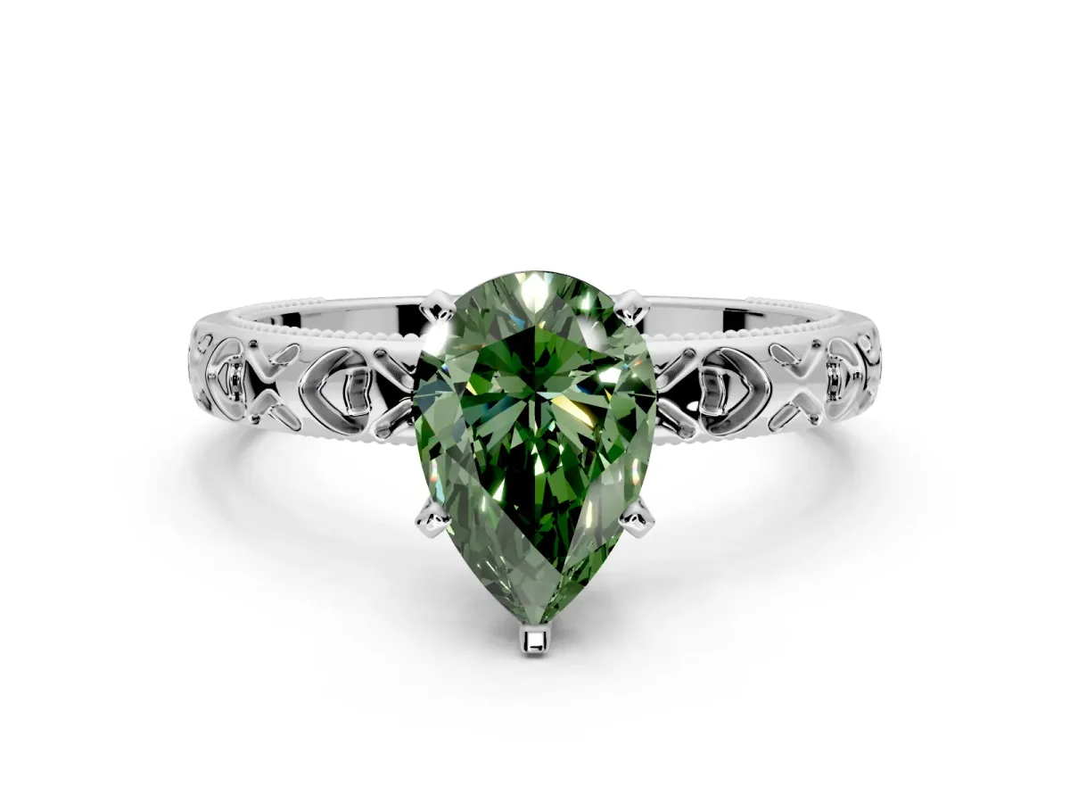 Solitaire Engagement Ring Setting for Fancy Green Pear-Shaped Center with XO Engraved Band and Prong Head in Sterling Silver