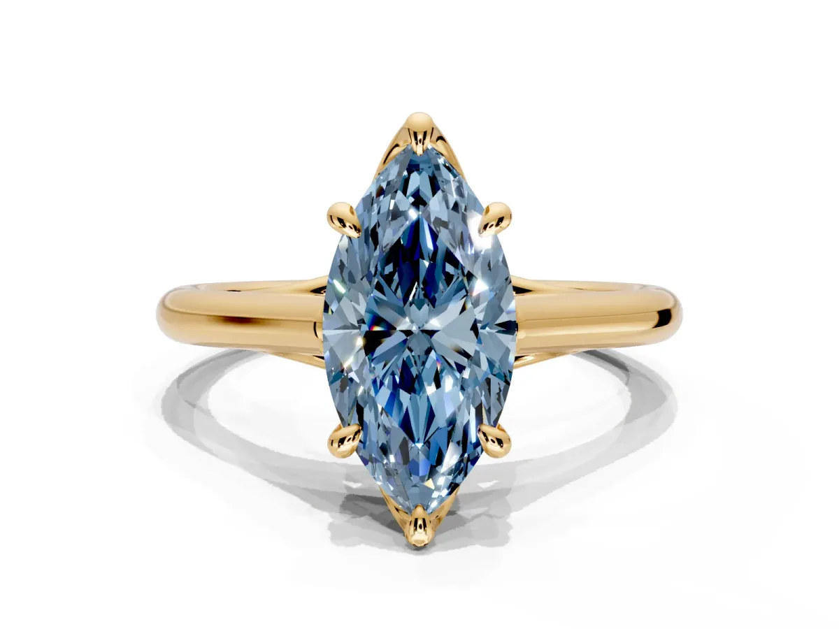 Solitaire Engagement Ring Setting for Fancy Blue Marquise Center with Cathedral Band and Prong Head in Yellow Gold