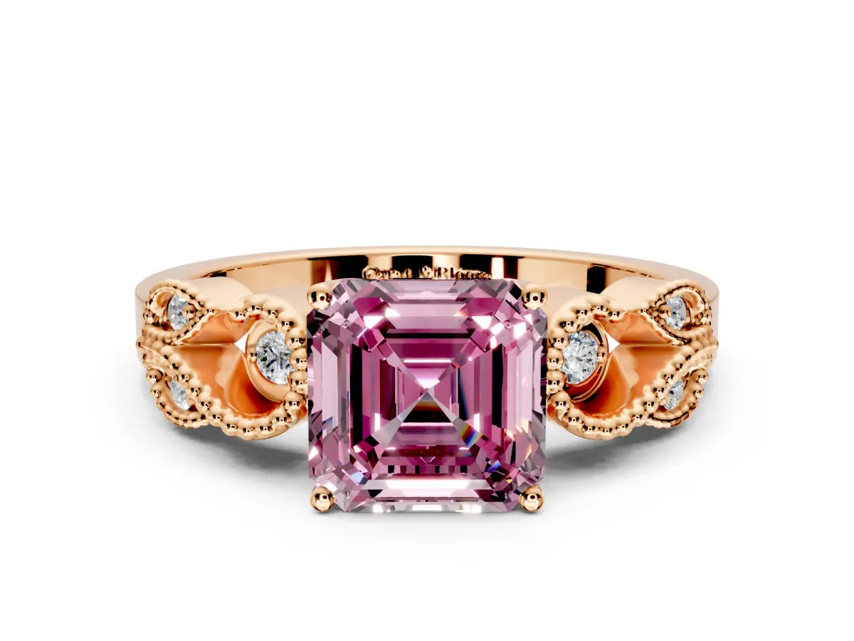 Leaf Engagement Ring Setting for Fancy Pink Asscher Cut Center with Milgrain Accent Band and Prong Head in Rose Gold