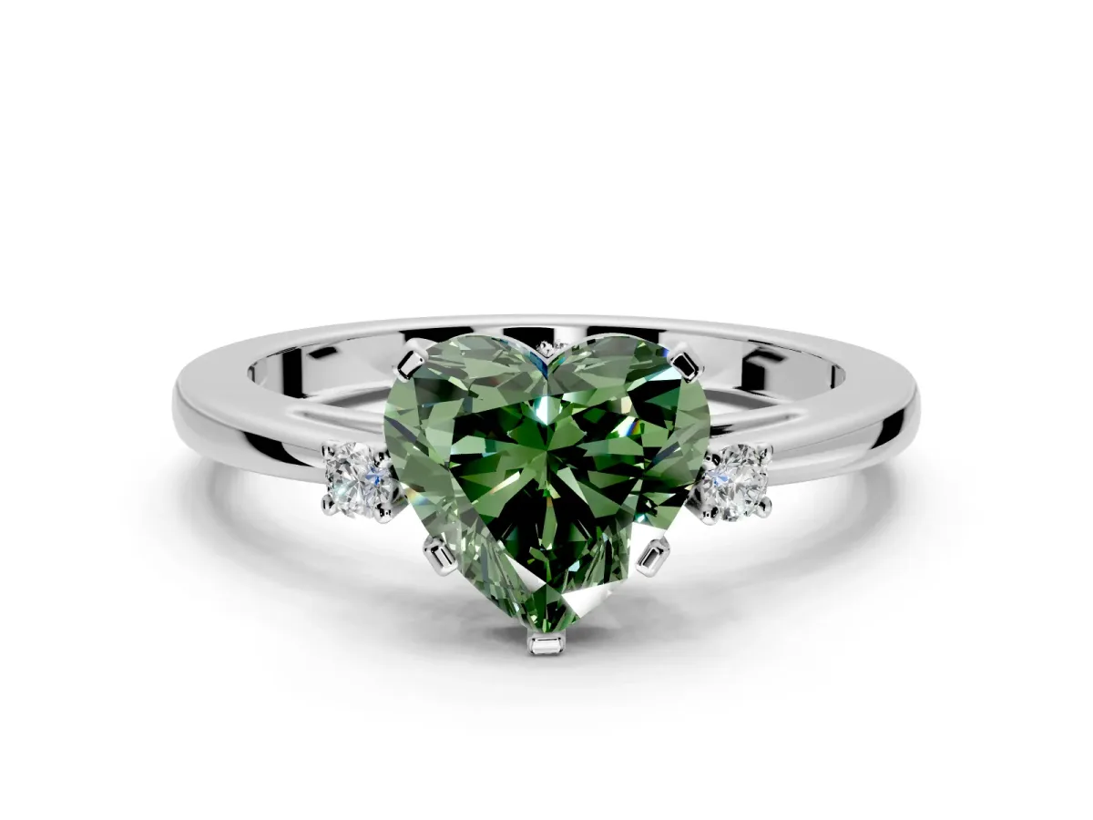 3 Stone Engagement Ring Setting for Fancy Green Heart-Shaped Center with Low-Set Round Cut Accents and Prong Head in White Gold