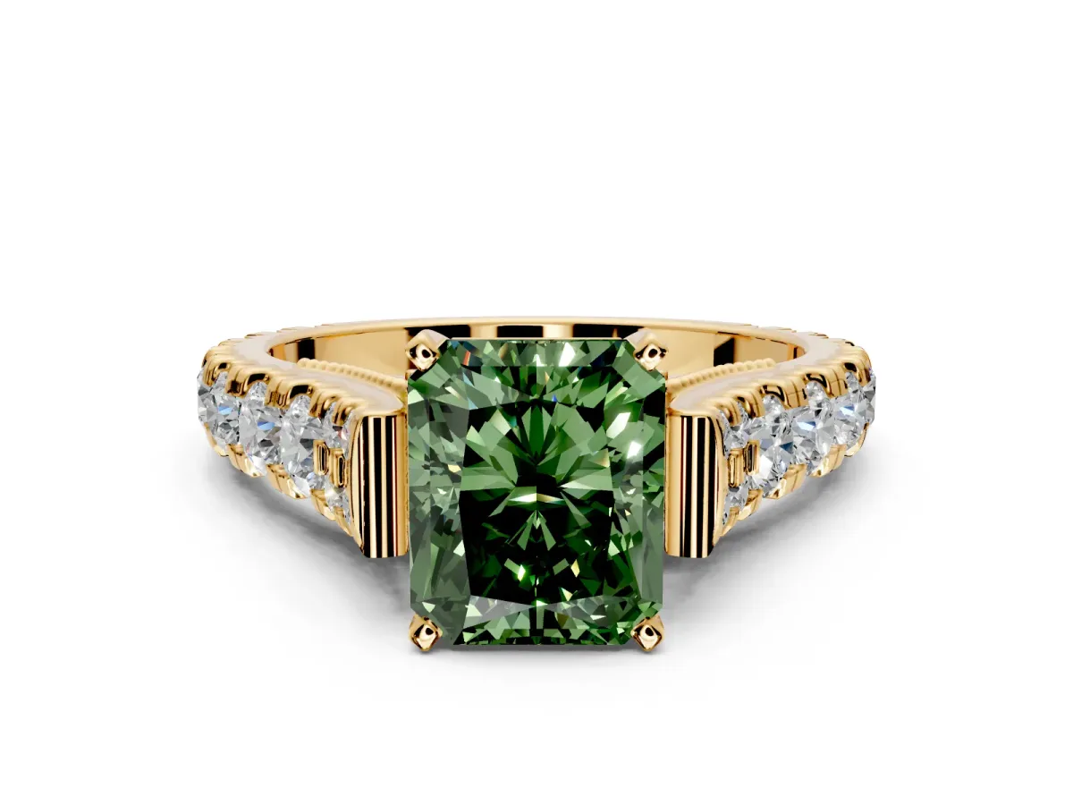 Solitaire Engagement Ring Setting for Fancy Green Radiant Cut Center with Pave Cathedral Shoulders and Prong Head in Yellow Gold