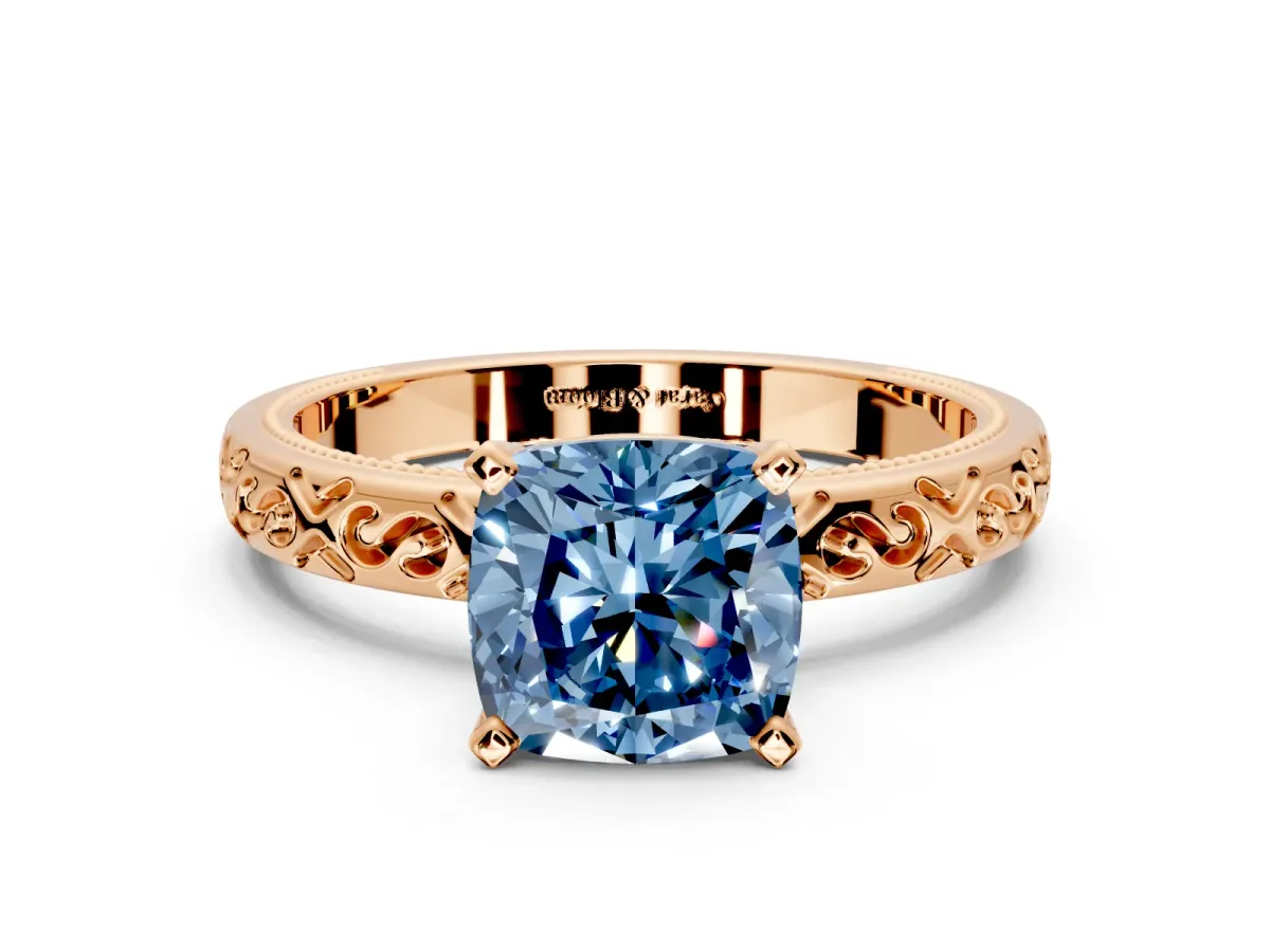 Solitaire Engagement Ring Setting for Fancy Blue Cushion Cut Center with Scrollwork Band and Prong Head in Rose Gold