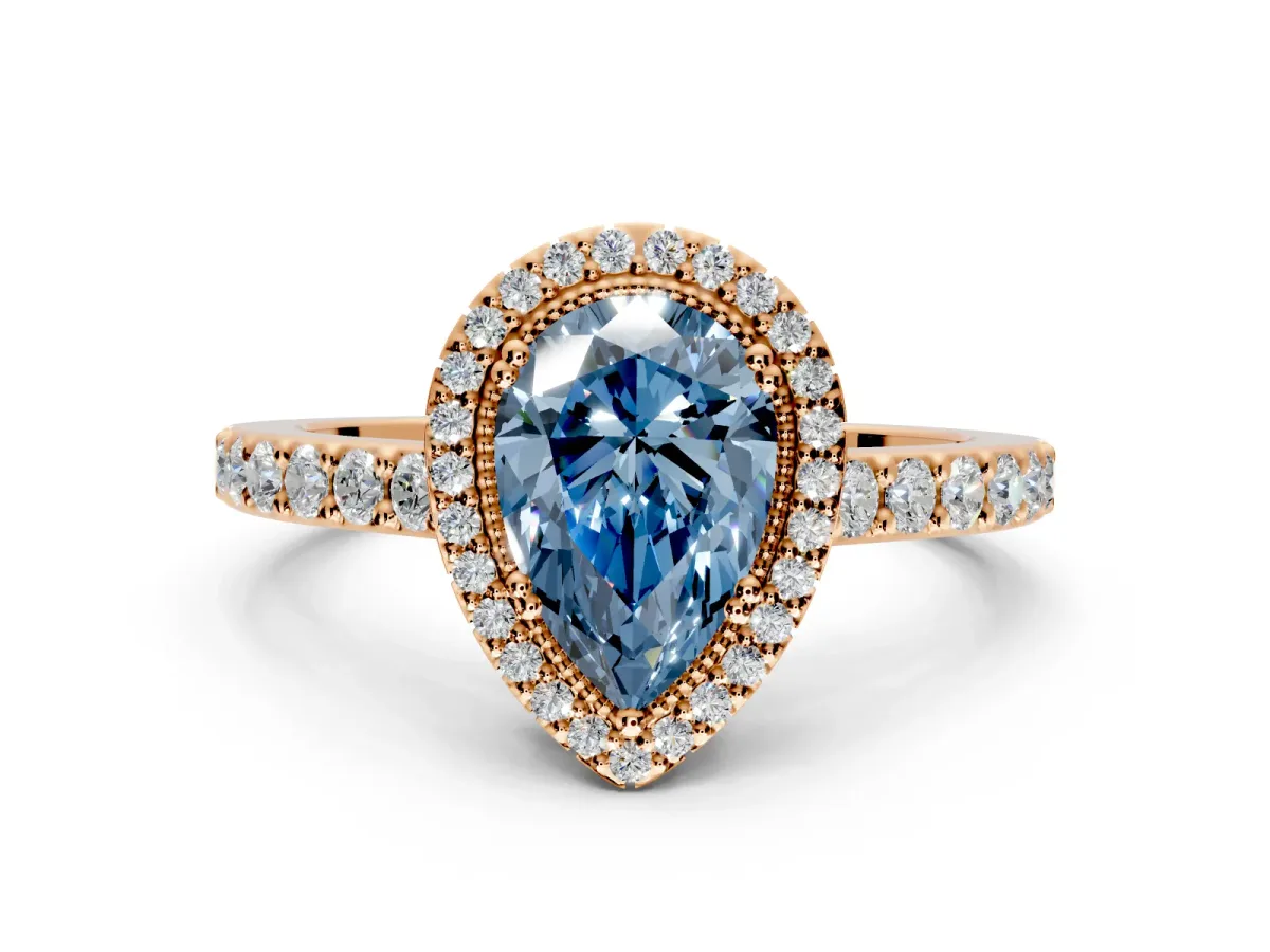Halo Engagement Ring Setting for Fancy Blue Pear-Shaped Center with Inner Milgrain Border and Prong Head in Rose Gold