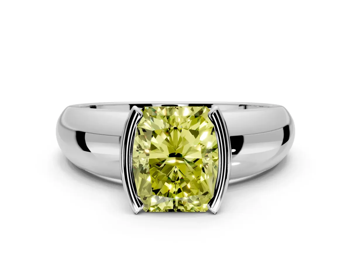 Tension Engagement Ring Setting for Fancy Yellow Radiant Cut Center with Wide Flat Band and Tension Head in White Gold