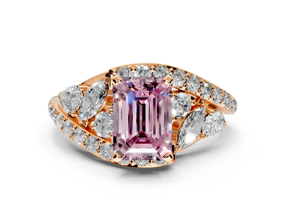 Halo Engagement Ring Setting for Fancy Pink Emerald Cut Center with Marquise and Pave Bypass Band and Prong Head in Rose Gold