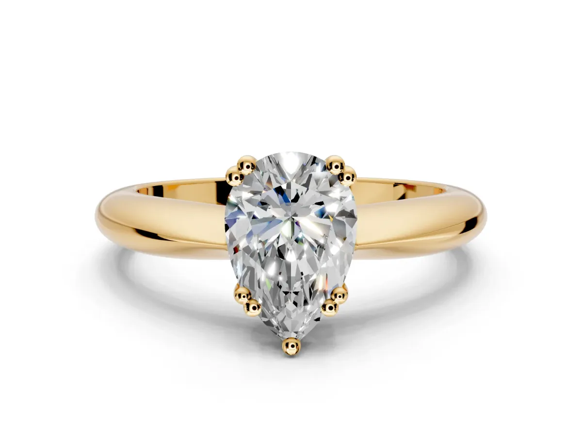 Solitaire Engagement Ring Setting for Pear-Shaped Center with Reverse Tapered Band and Prong Head in Yellow Gold