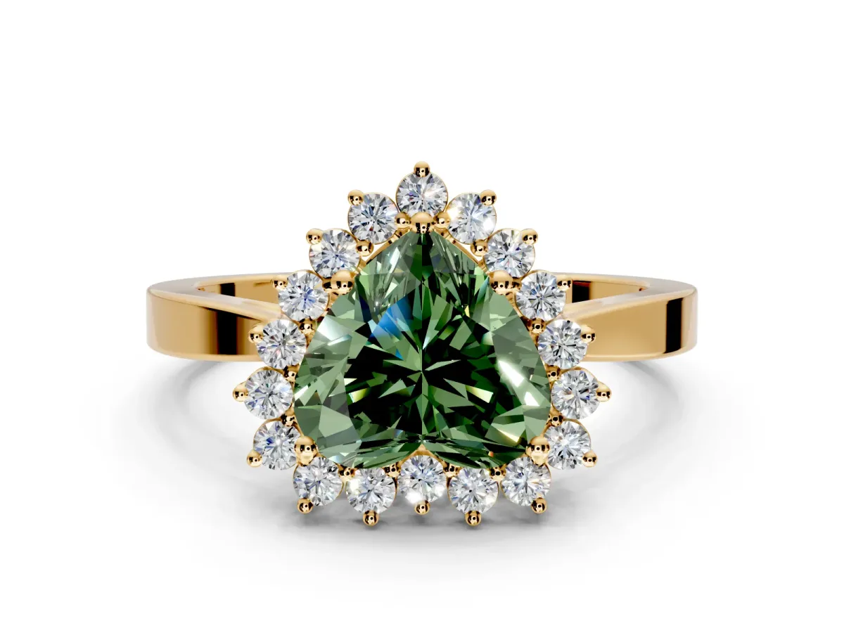 Starburst Halo Engagement Ring Setting for Fancy Green Heart-Shaped Center with Flat Cathedral Band and Prong Head in Yellow Gold