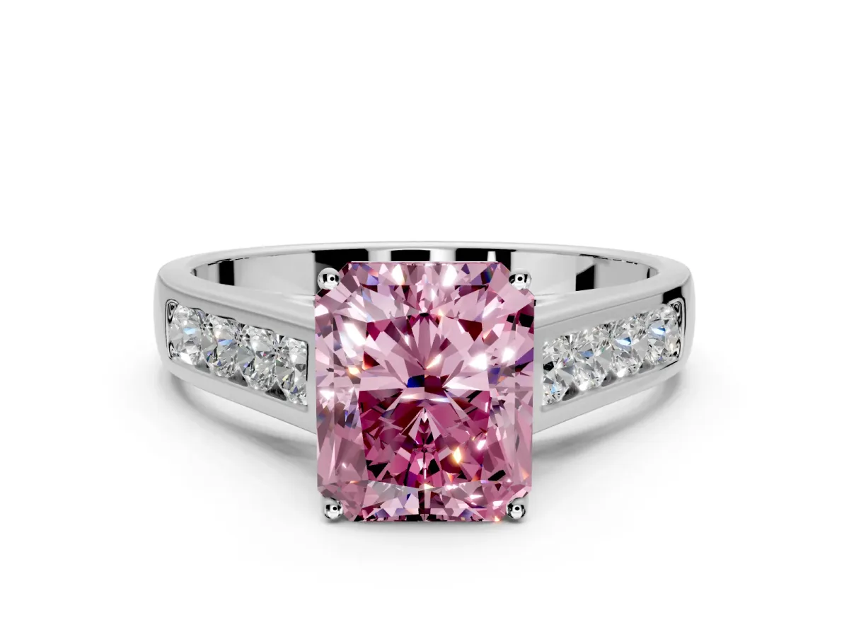 Solitaire Engagement Ring Setting for Fancy Pink Radiant Cut Center with Round Cut Channel Band and Prong Head in Platinum