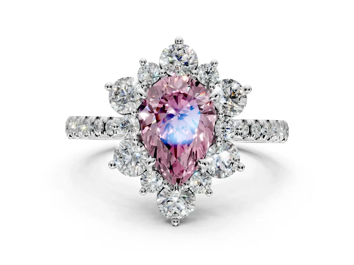 Floral Halo Engagement Ring Setting for Fancy Pink Pear-Shaped Center with Pave Accents and Prong Head in Platinum
