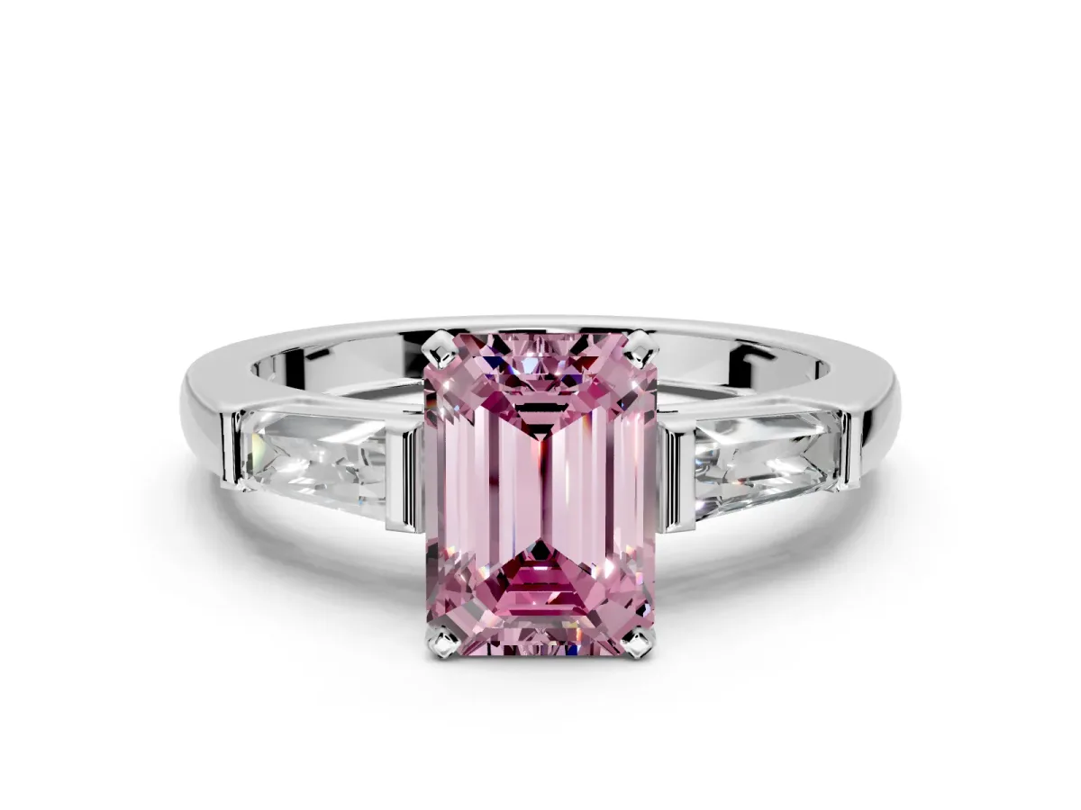 3 Stone Engagement Ring Setting for Fancy Pink Emerald Cut Center with Tapered Baguettes, Plain Band and Prong Head in Platinum