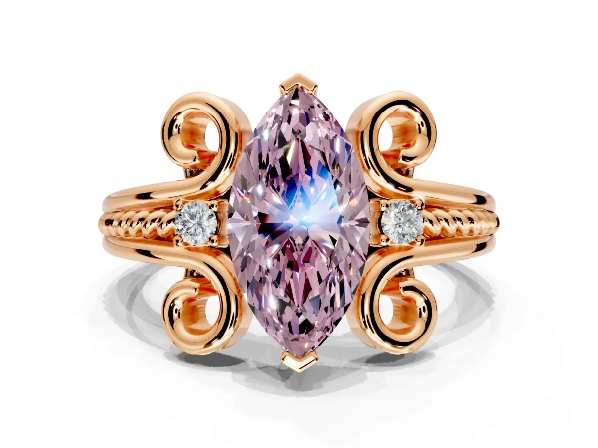 Solitaire Engagement Ring Setting for Fancy Pink Marquise Center with Twisted Band and Scroll Prong Head in Rose Gold