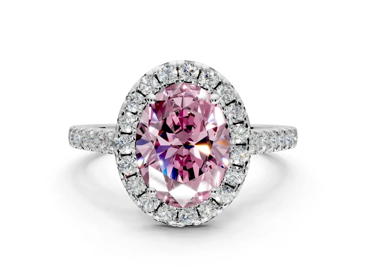 Halo Engagement Ring Setting for Fancy Pink Oval Center with Narrowing Pave Band and Prong Head in White Gold