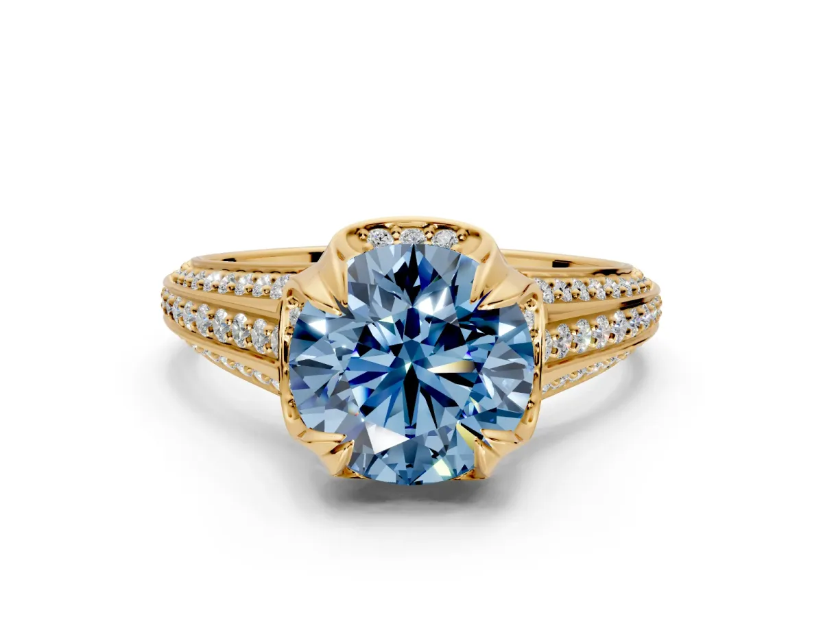 Solitaire Engagement Ring Setting for Fancy Blue Round Cut Center with Accented Split Shank and Prong Head in Yellow Gold