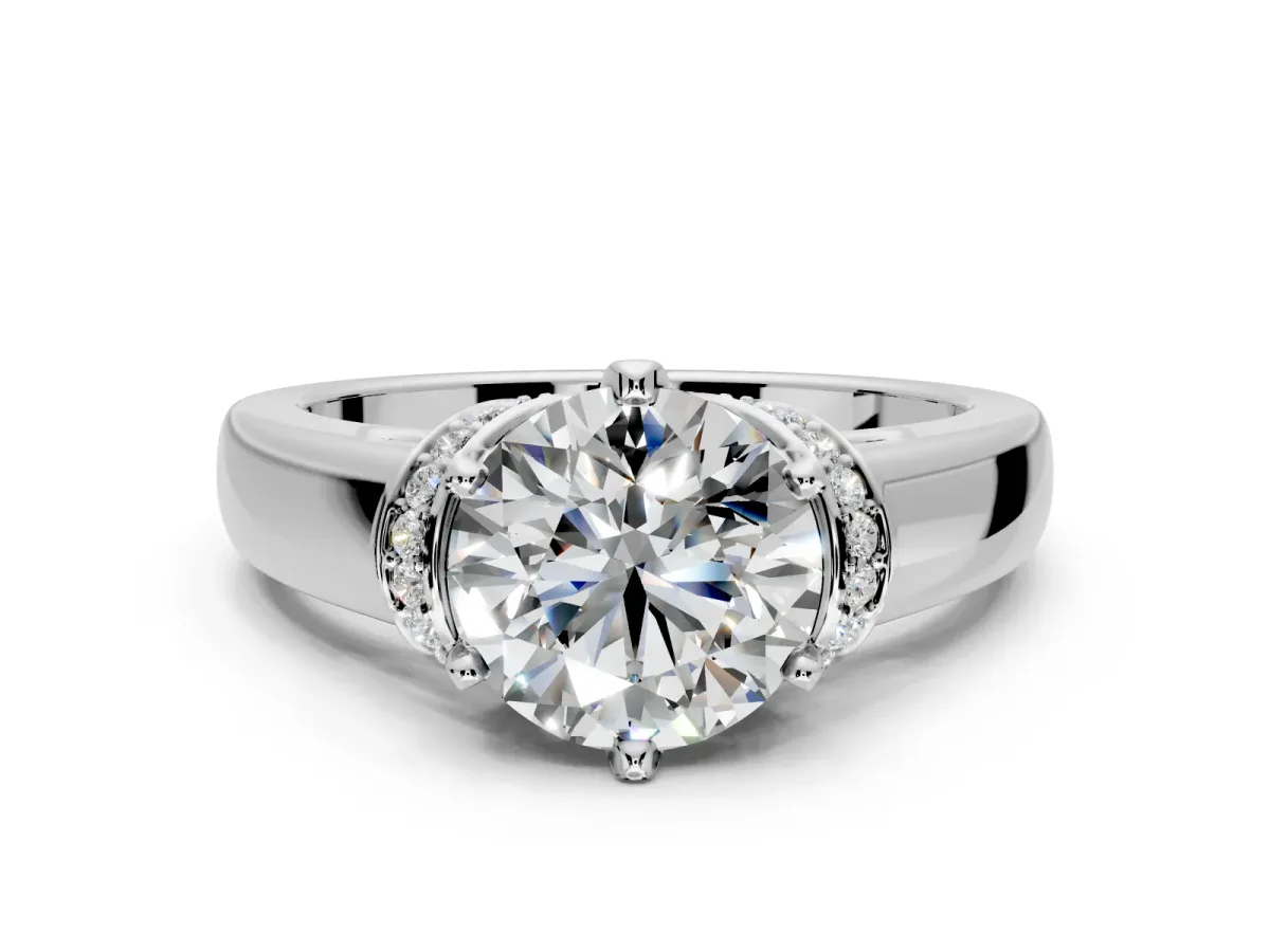Solitaire Engagement Ring Setting for Round Cut Center with Wide Band, Pave Collar and Prong Head in Sterling Silver