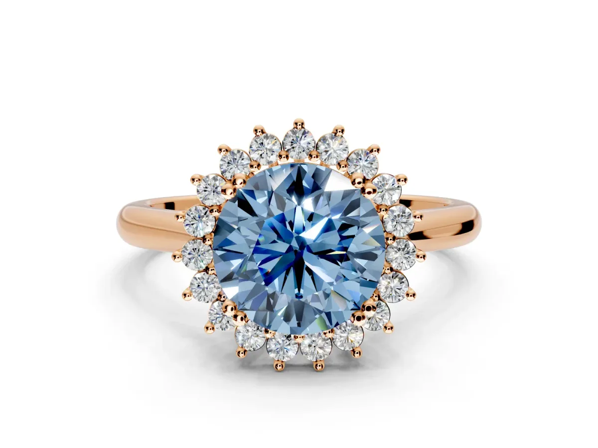 Starburst Halo Engagement Ring Setting for Fancy Blue Round Cut Center with Thin Round-Wire Band and Prong Head in Rose Gold
