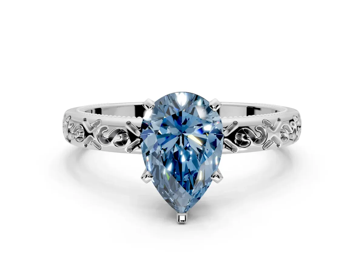Solitaire Engagement Ring Setting for Fancy Blue Pear-Shaped Center with Scrollwork Band and Prong Head in Sterling Silver