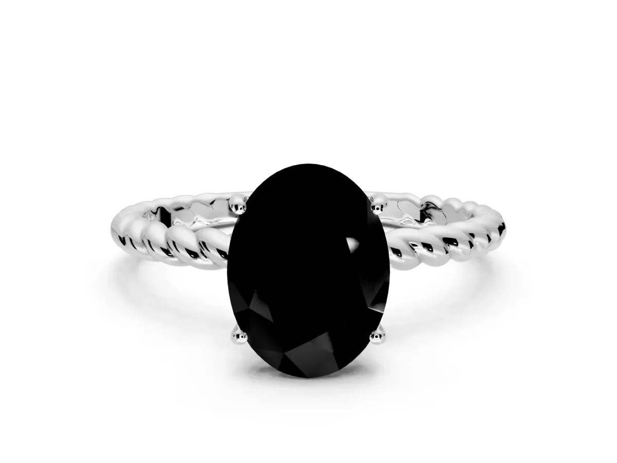 Solitaire Engagement Ring Setting for Fancy Black Oval Center with 2-Strand Rope Twist Band and Prong Head in White Gold