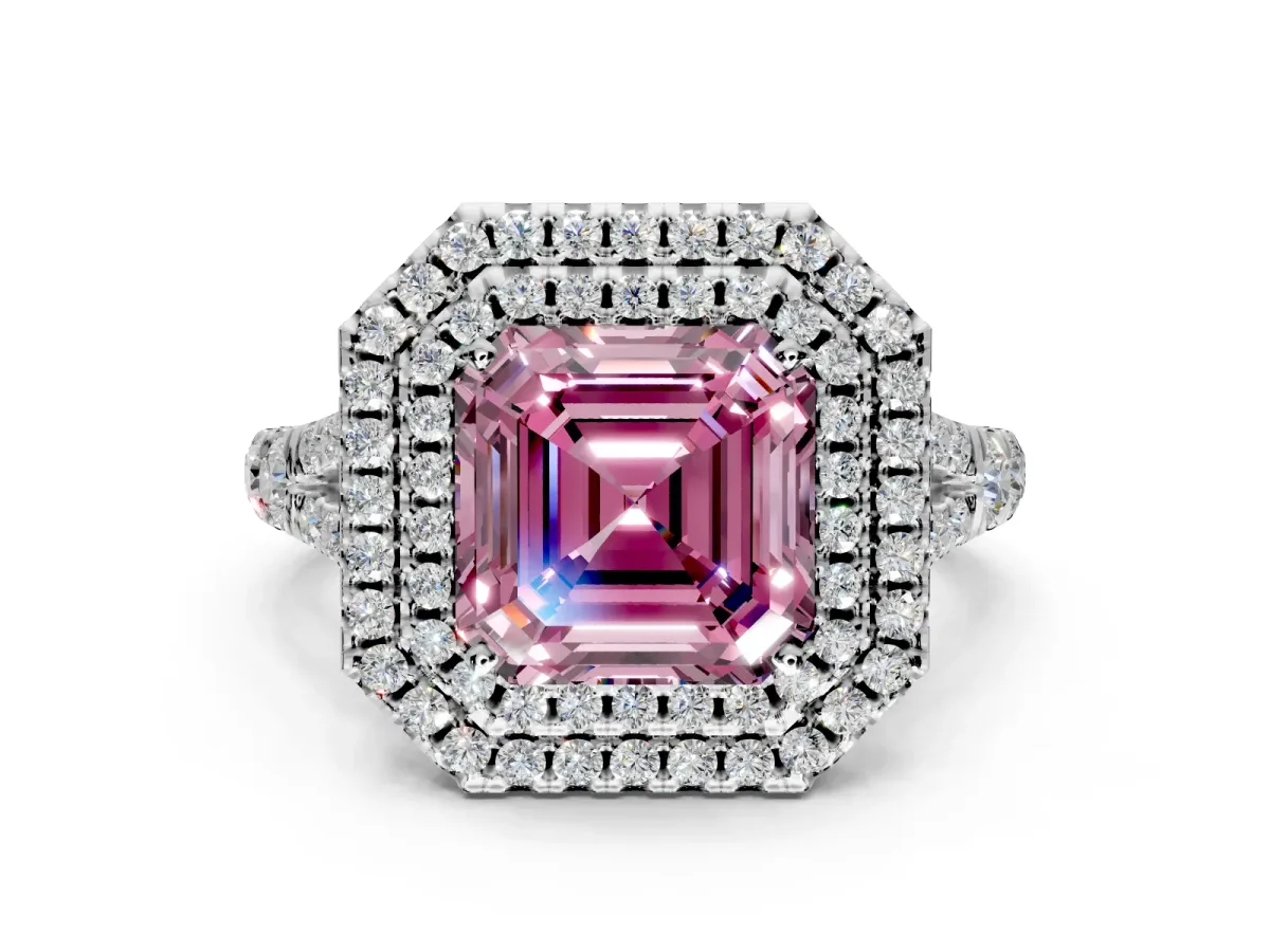 Double Halo Engagement Ring Setting for Fancy Pink Asscher Cut Center with Narrow Pave Split Shank and Prong Head in Platinum