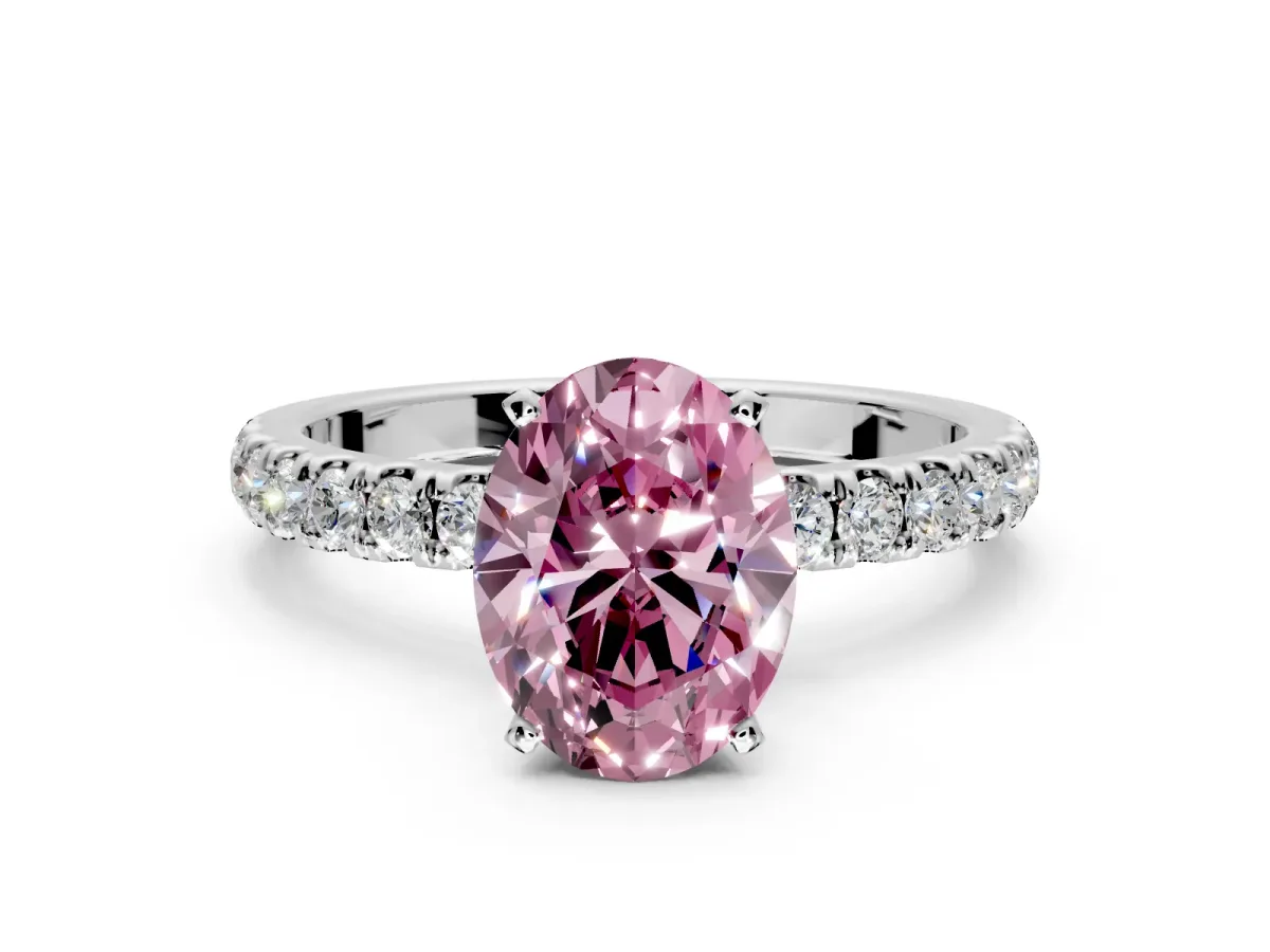 Open Basket Engagement Ring Setting for Fancy Pink Oval Center with Pave Band and Prong Head in Platinum
