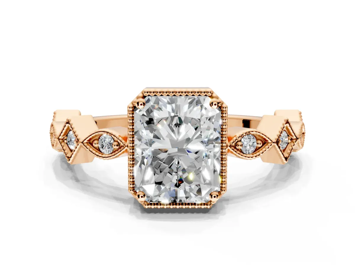 Milgrain Bezel Engagement Ring Setting for Radiant Cut Center with Marquise Stations and Bezel Head in Rose Gold