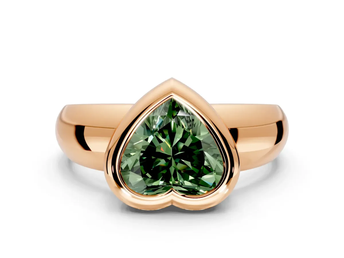 Solitaire Engagement Ring Setting for Fancy Green Heart-Shaped Center with Wide Band and Bezel Head in Rose Gold