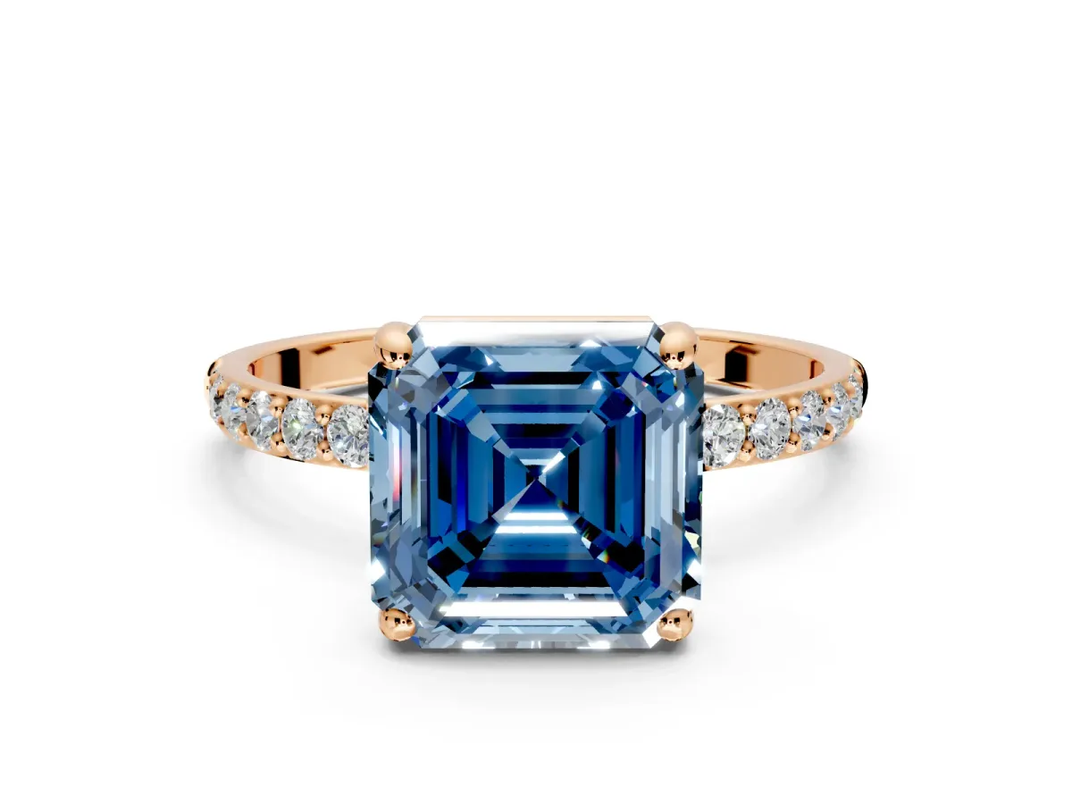Solitaire Engagement Ring Setting for Fancy Blue Asscher Cut Center with Pave Accents and Prong Head in Rose Gold