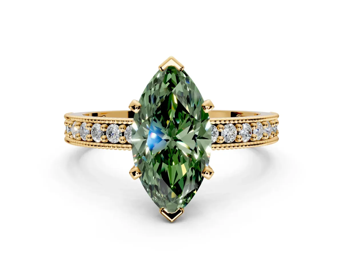 Milgrain Pave Engagement Ring Setting for Fancy Green Marquise Center with Accent Band and Prong Head in Yellow Gold