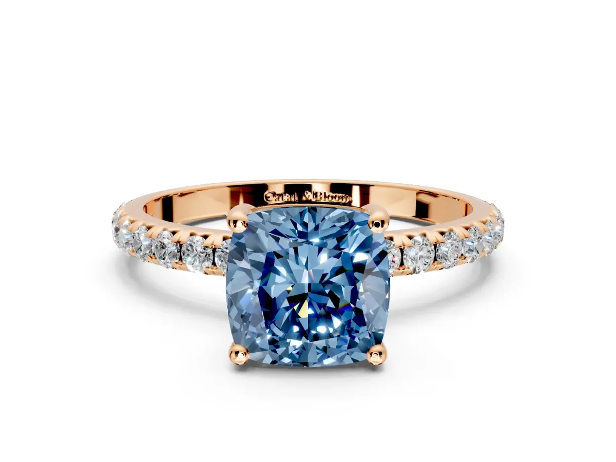 Solitaire Engagement Ring Setting for Fancy Blue Cushion Cut Center with Micro Pave Band and Prong Head in Rose Gold