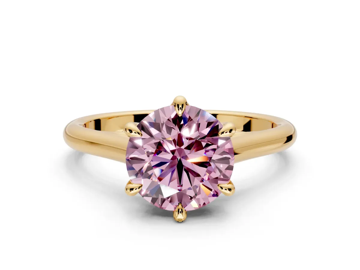 Solitaire Engagement Ring Setting for Fancy Pink Round Cut Center with Cathedral Band and Prong Head in Yellow Gold
